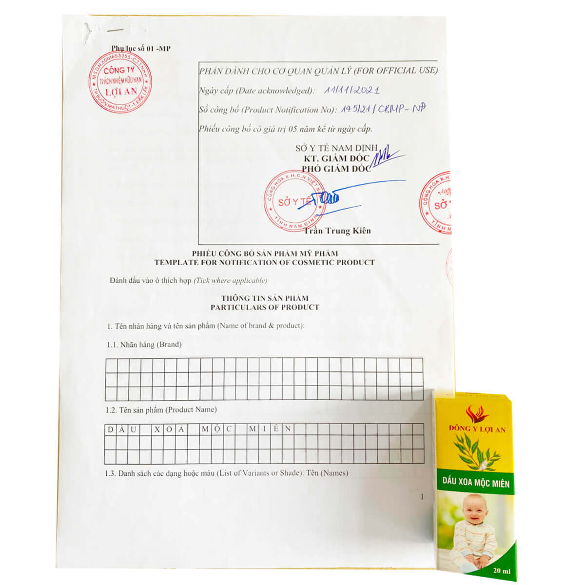 Giấy công bố chính hãng tinh dầu mộc miên trị ho cho bé