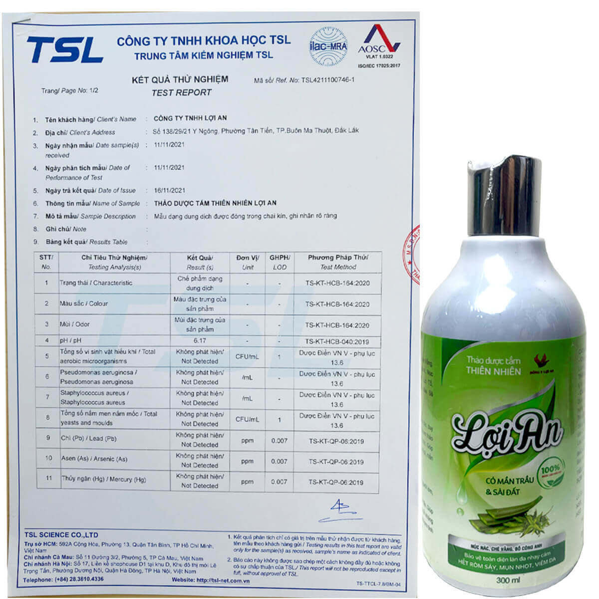 Giấy kiểm nghiệm nước tắm cho bé Đông Y Lợi An